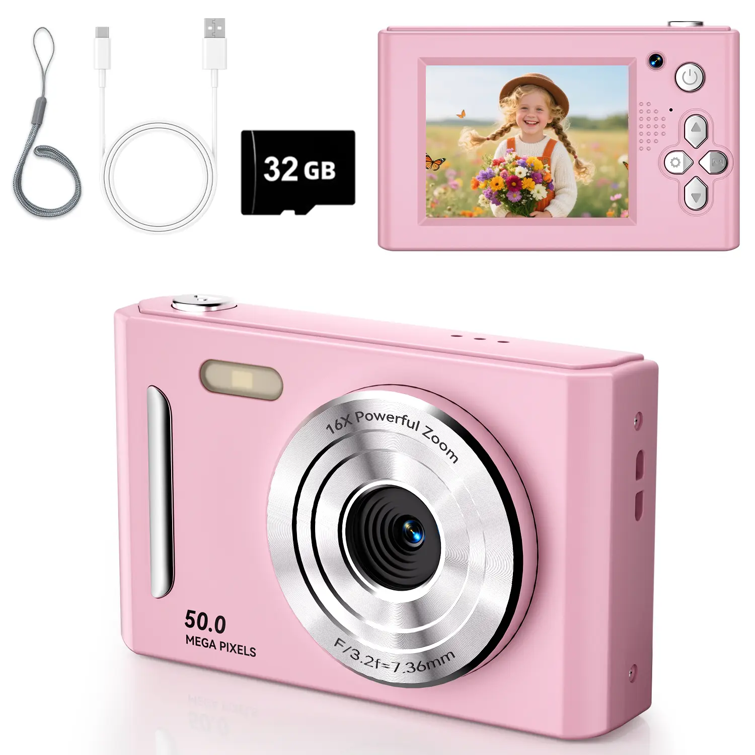 2.4 Inch Screen Digital Camera, 50MP 1080P Digital Video Camera with 32GB SD Card, Anti-shake Camera with Music Player for Birthday Gift