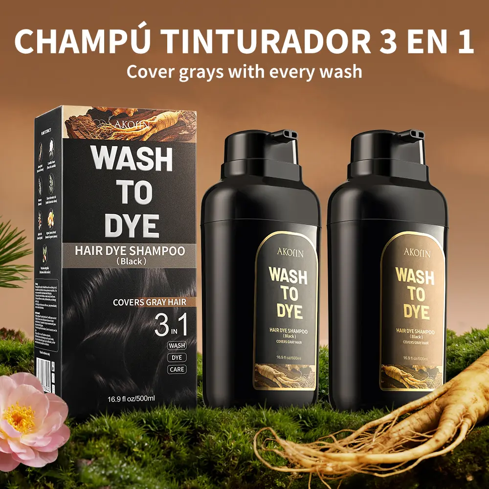 AKOIIN 3-in-1 Herbal Hair Dye Shampoo - Semi-Permanent Color, 100% Gray Coverage, 60-Day Longevity, 7 Plant Extracts, Frizz-Free, Unisex, with Application Tools, 500ml - All Hair Types Haircare Wash-Then-Dye Product