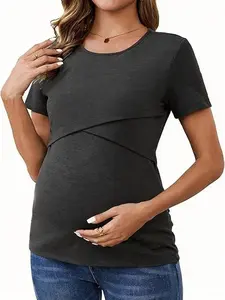 Women's Short Sleeve Nursing Maternity Top, Casual Fit Maternity, Casual Plain Color Breastfeeding Shirt for Home & Outdoors, Comfortable Mommy Clothing, Nursing Clothes