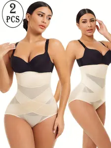 2PCS Pure Color Women's Underwear High Waist Underwear, Body Shaping Compression Shorts, Shapewear, Abdominal Lift, Seamless, Traceless, Soft, Smooth, Breathable, Mesh Splicing