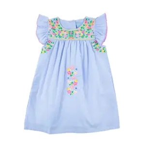 Colorful Embroidered Blue Gingham Beach Dress