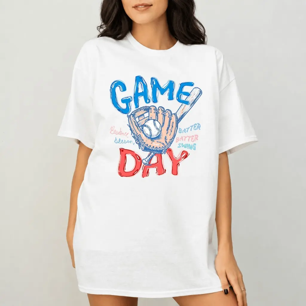 Baseball Game Day T-Shirt, Baseball Glove And Ball Graphic Tee, Vintage Catcher Mitt With Bat Design, Batter Swing Sports Fan Outfit, Baseball Player Gift for Men Women and Kids