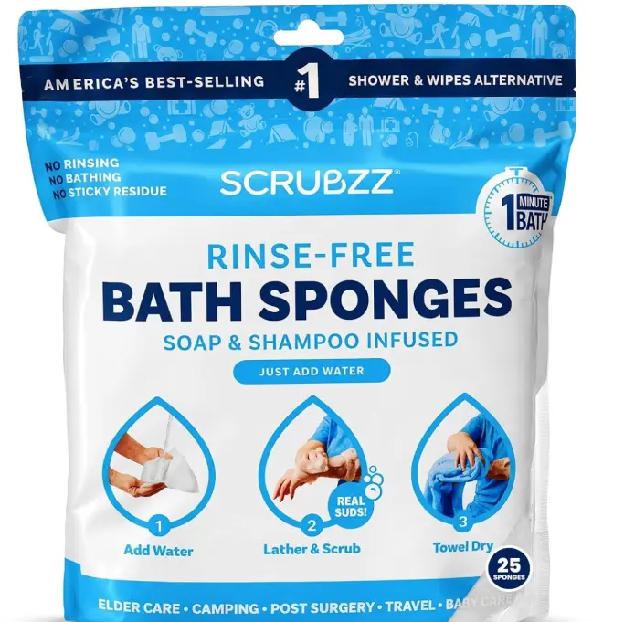 Scrubzz Disposable Rinse Free Bathing Wipes - 25 Pack - All-in-1 Single Use Shower Wipes, Simply Dampen, Lather, and Dry Without Shampoo or Rinsing