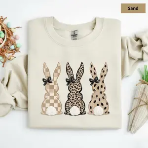 Neutral Easter Bunnies Sweatshirt, Hand-Painted Leopard Checkered Patterns Sweater, Coquette Easter Pullover, Trendy Spring Crewneck