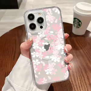 Cute Pink Floral Design Clear Wireless Charging Protection Shockproof Slim Magnetic Phone Case For iPhone 17 16 15 Pro Max Plus 14 14Pro 13 12 11 X Air 17e 16e