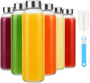 18oz Glass Water Bottle Set of 6, Clear glass juice bottle for juicingReusable Drinking Bottles with Stainless Steel LidBeverage Storage Containers for Refrigerator-BPA FreeLeak Proof