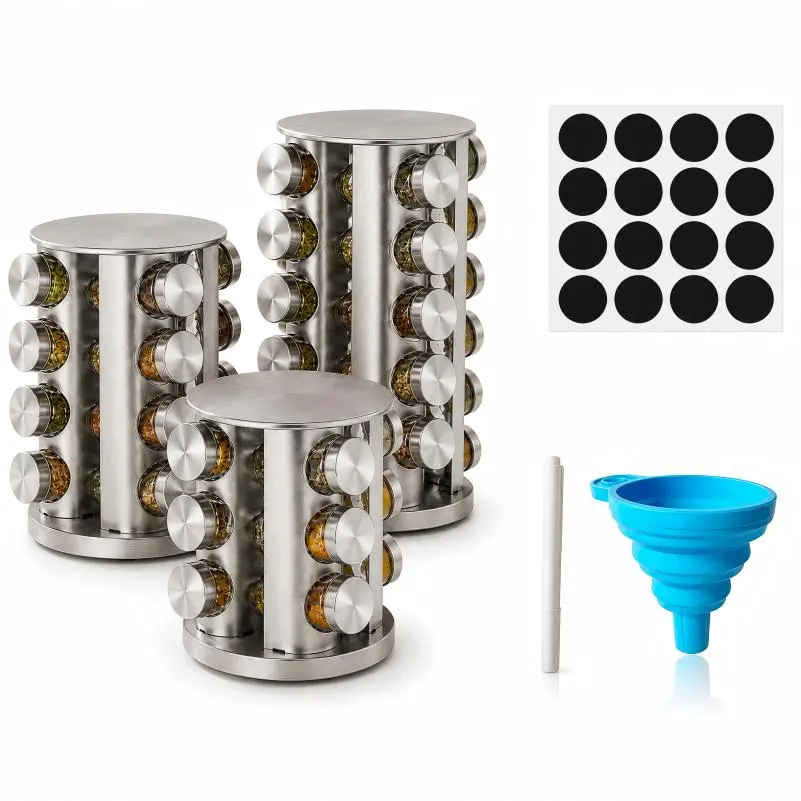 Rotating Spice Rack Organizer with Jars, 360° Revolving Spice Rack Tower for Kitchen Countertop, Cabinet or Pantry, Stainless Steel Space-Saving Seasoning Organizer with Reusable Labels, Funnel and Marker