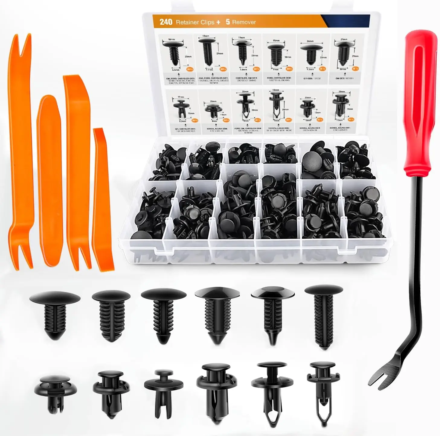 240/120/725 Pcs Car Clip Retainers + 5 Fastener Tools and Storage Case - Push Pin Trim Bumper Clips, Door Panel Pins, Automotive Interior Trim Repair Kit
