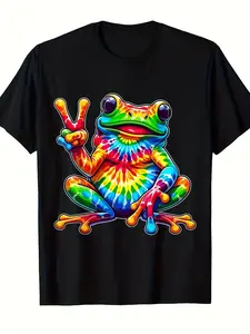 Tie-Dye Frog Peace Sign Hippie Multicolor 100% T-Shirt| Unisex-Adults Small Classic Fit Crew Neck Short Sleeve, Vintage Style, All-season Wear, 220G Pure