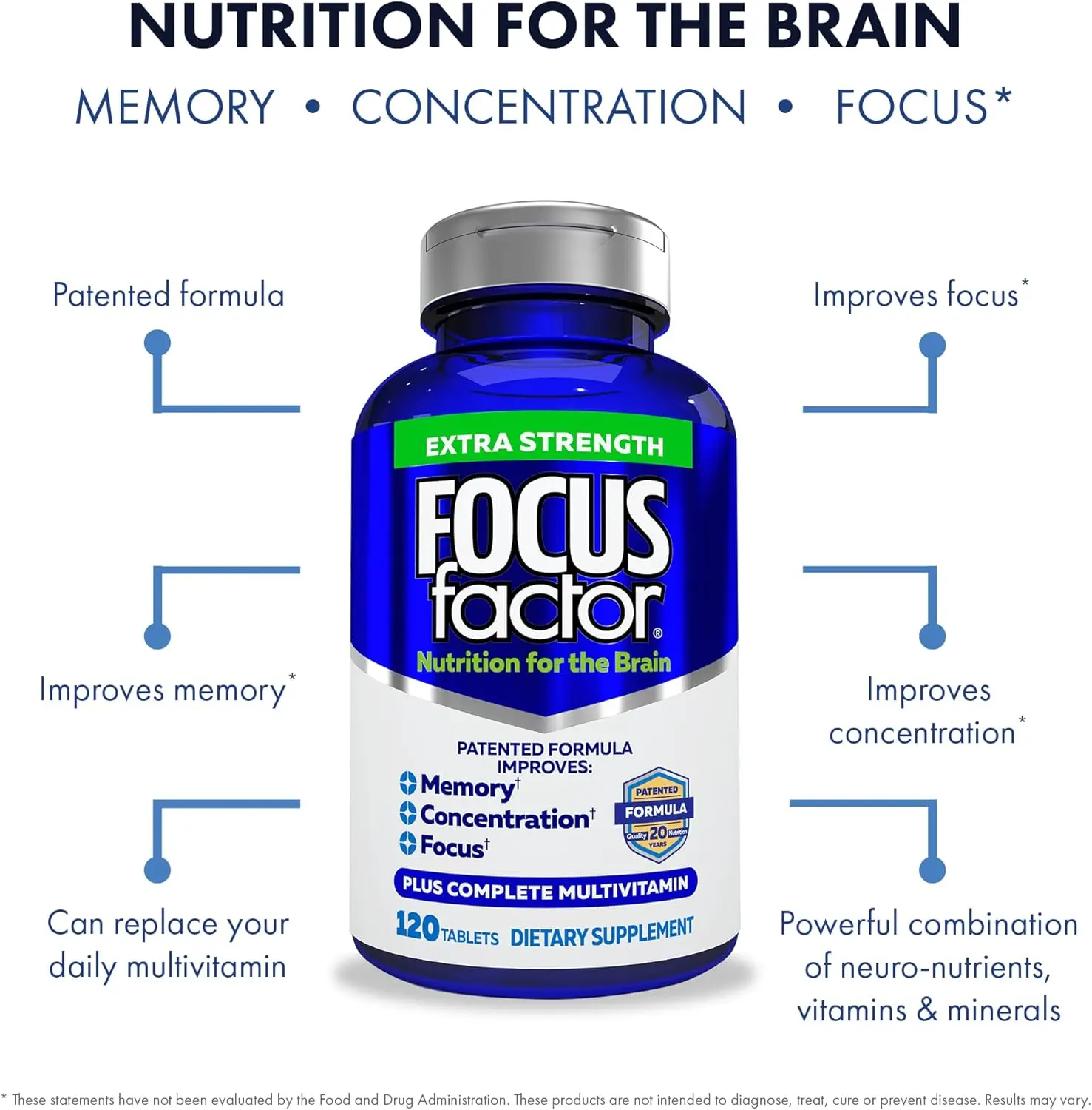 Focus Factor Extra Strength Brain Support Supplement - Memory, Focus & Clarity Boost, Brain Health & Optimization Vitamins Tablet, 120 Dietary Tablets for Adults