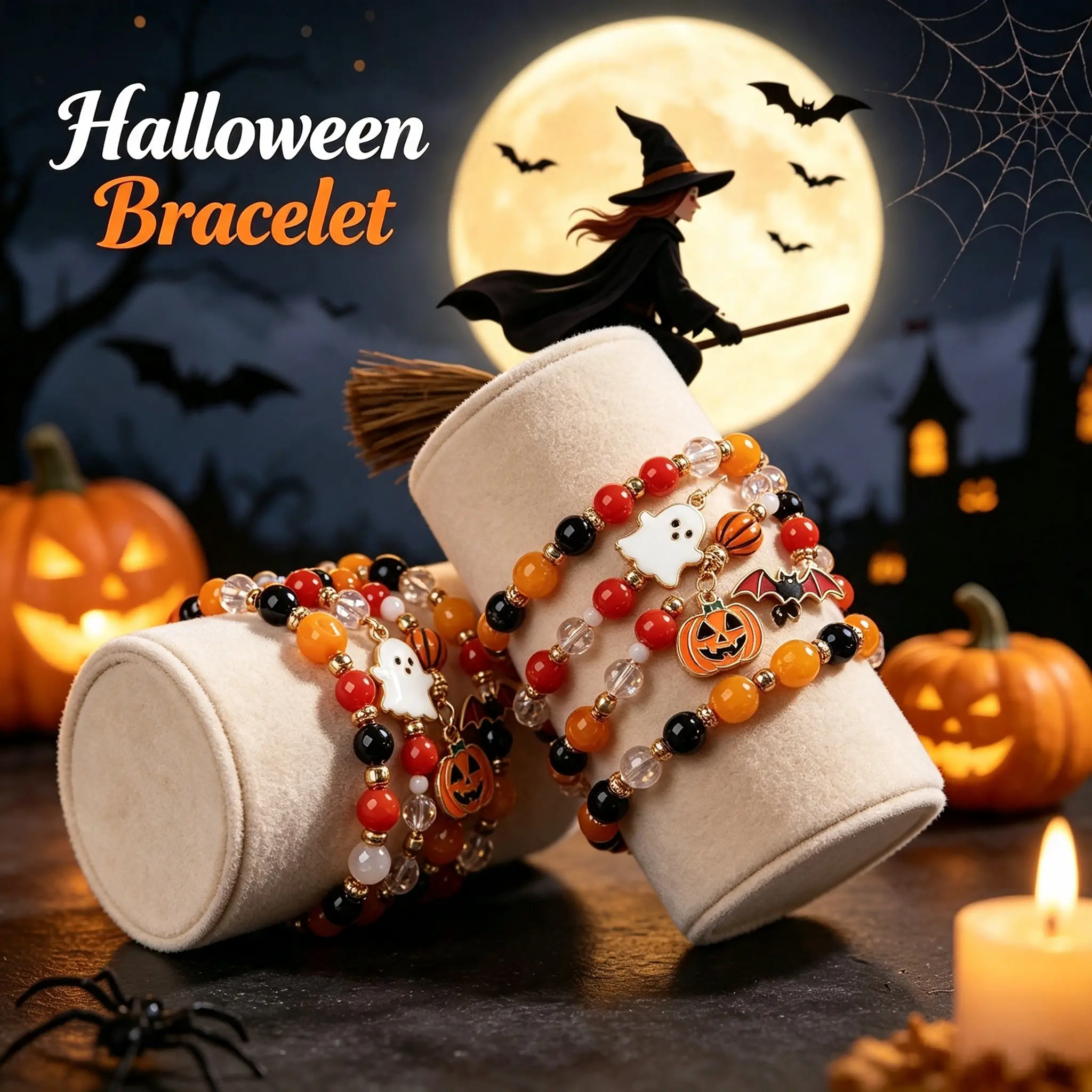 6 Pack Halloween Bracelets Set, Halloween Cosplay Beads with Pumpkin Ghost Bat Witch Hat No Face Enamel Charms, Adjustable Gothic Costume Jewelry for Women Girls, Halloween Party Favors, Trick or Treat Fillers, Fall Thanksgiving Holiday Daily Wear Gift