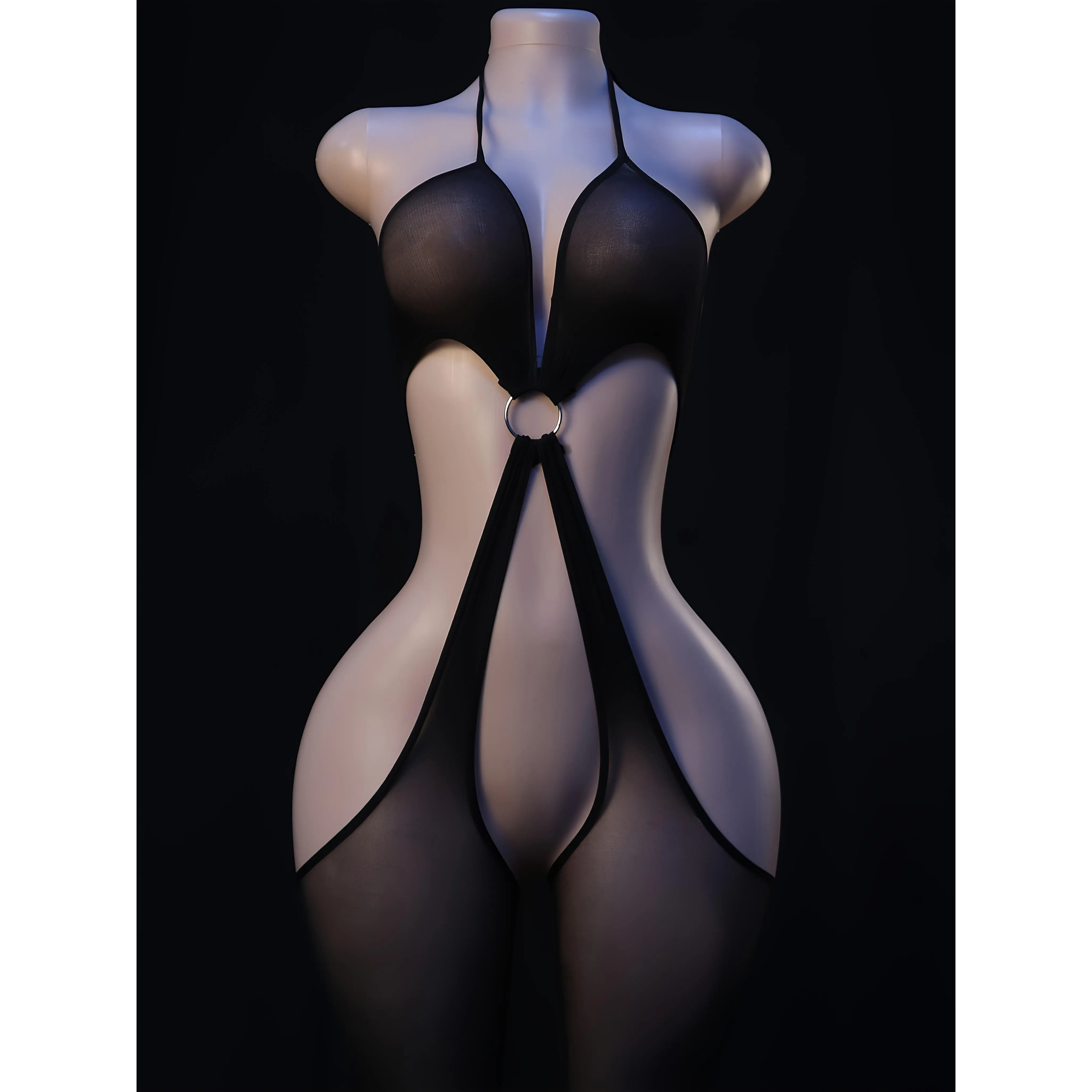 Women's Sexy Elastane-Blend Fabric Bodysuit - Geometric Knit Lace Ring Strap Lingerie, Adult, Skin-Friendly, Breathable, Hollowed-Out, Cross Mid Waist Seal, Hourglass-Enhancing, Front-Laced, Hidden X-Back, Cut-Out Strapless Top, Hand Wash, High Elasticity