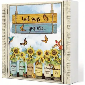 Inspirational Christian Wooden Box Sign Desk Decor, God Says You Are Wood Block Sign, Religious Scripture Plaques Desk Decorations for Women Men 5x5 inch