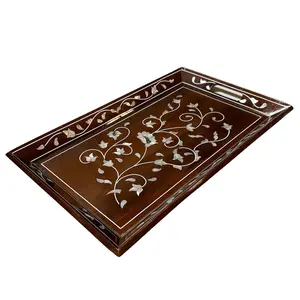 Handmade Rectangular Wooden Tray with Floral Design – Authentic Islamic and Middle Eastern Craft
