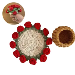 Handmade Crochet Rose Coaster Set - Yarn Flower Cup Mats, Optional Basket, Cute Home Decor for Desk & Coffee Table, Gift for Girls