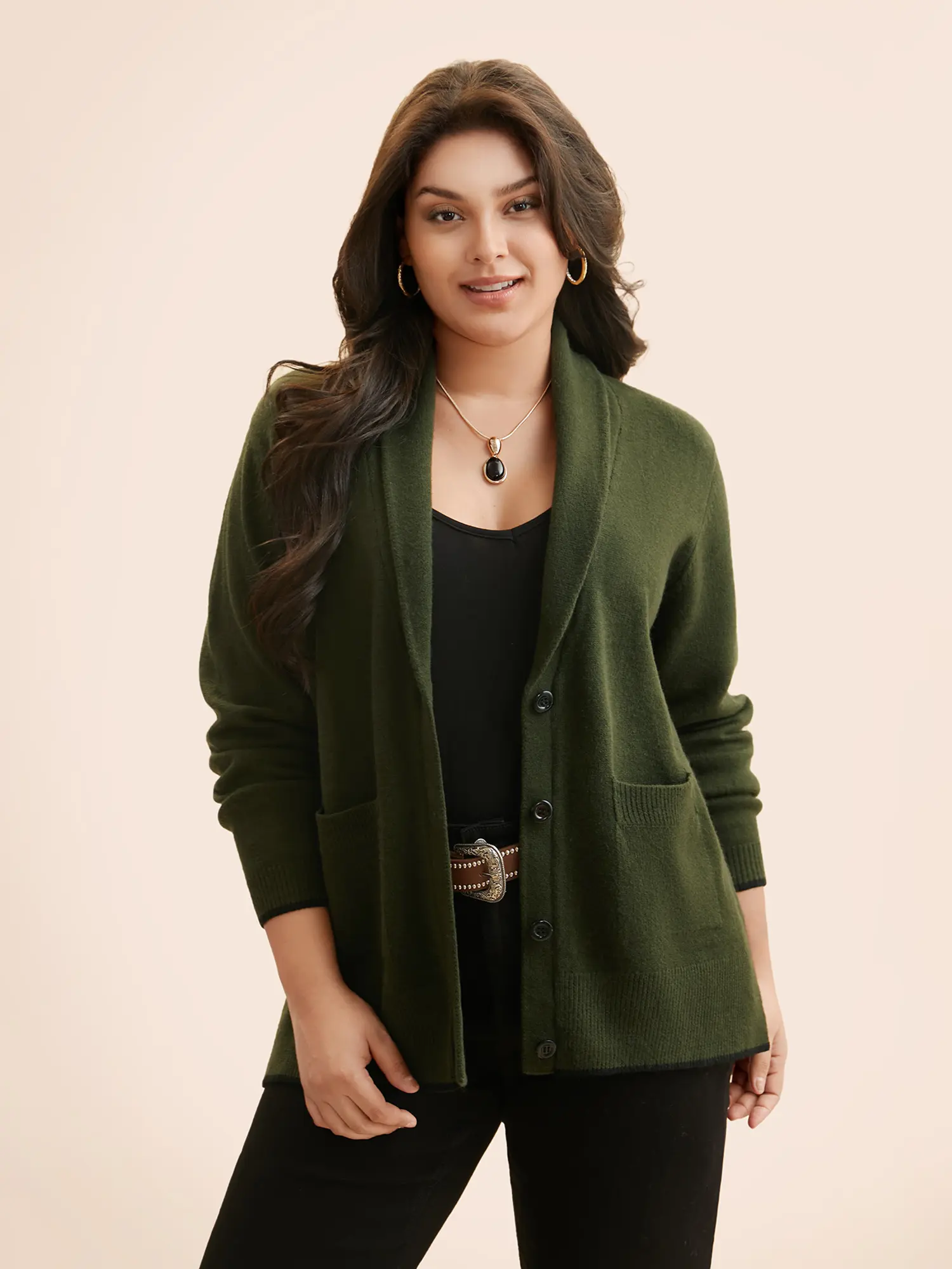 BloomChic Women's Butter-Soft Army Green Solid Shawl Collar Knitting Cardigan - Long Sleeve, High-Stretch, Loose-Fitting Nylon Top with Pocket, Casual Women's Knitwear for Swimweek,Spotlight,Summer wins,Deals for you days Basic,Summerfinds