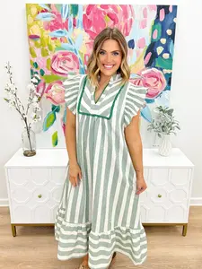 Stripe Ruffled Neck Midi Dress