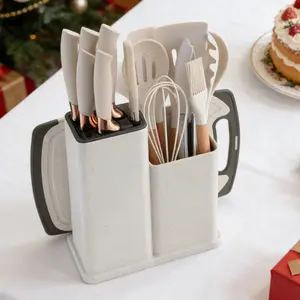 black friday deal Kitchen Cookware Set with 19 Pcs - Includes 11-Pcs Silicone Cooking Utensil Set, 5-Pcs Stainless Steel Chef Knife Set,ScissorsCutting Board (Pink/white/black) Kitchenware black friday deal pots pans set black friday deal pots pans set