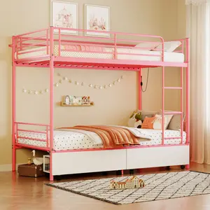 Bunk Bed with USB Charging Station, Able to Split, Metal Bunk Bed, Storage Space, Bed with Safety Guardrail & Ladders, No Box Spring Needed,Pink