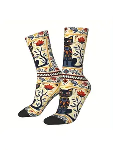 1 Pair Men's Traditional Black Cat Folklore Pattern Printed Hip Hop Harajuku Style Socks Novelty Crew Socks Fun Fashion Streetwear Accessory