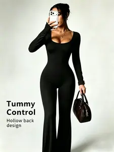 RECUITI Women's Sporty Jumpsuit, Square Neck Long Sleeve, High Waist Ruched Design, Yoga Compression Wear, All Seasons Fitness, Stretch Jumpsuit