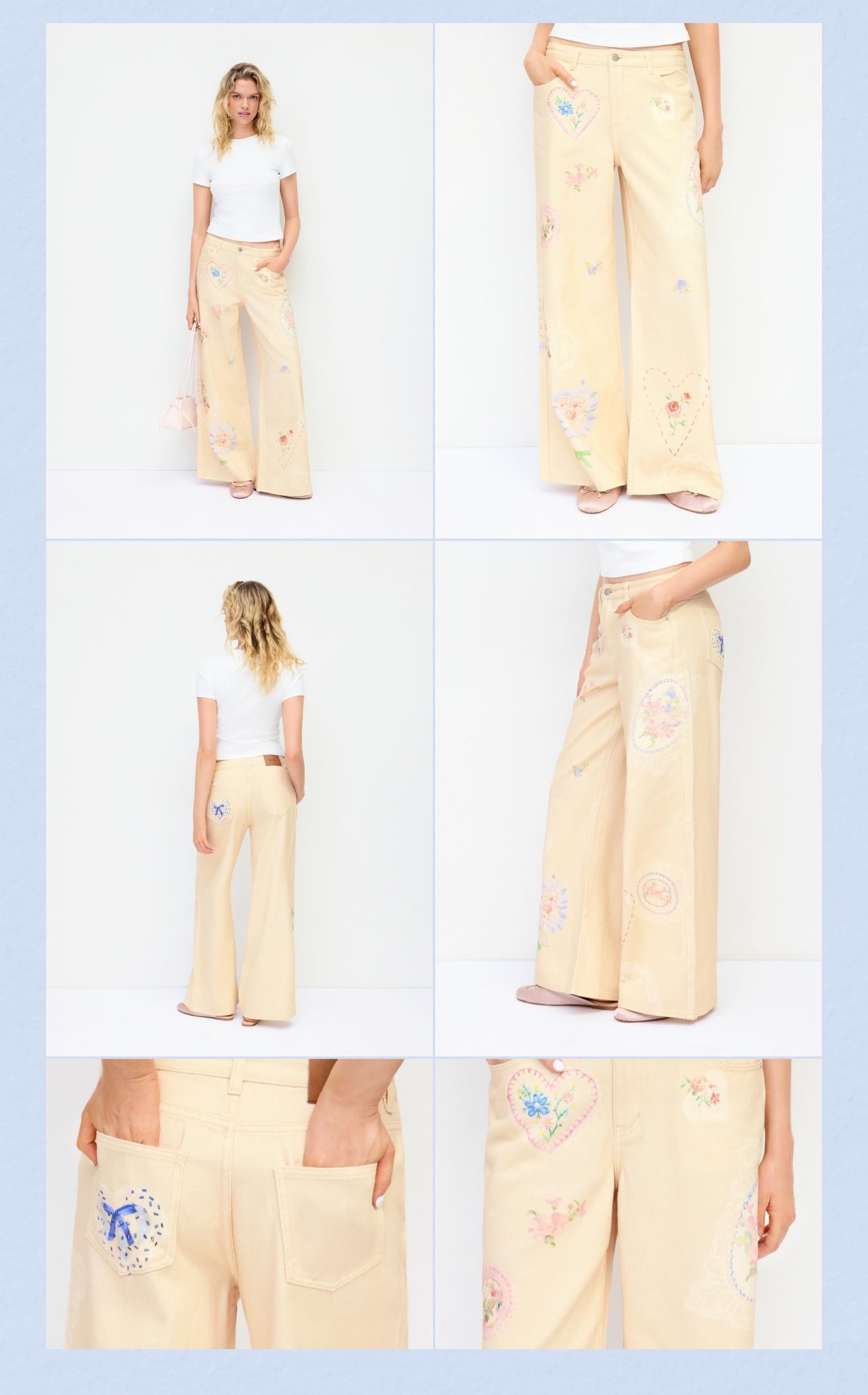 Cider Denim Low Rise Floral Applique Metal Detail Wide Leg Jeans, Trouser, Bottom, Pants, Women, Bottoms, Casual Wear, Cute Jeans, Medium Wash Jeans