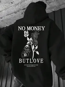 Men's Rose Graphic Letter Print Hoodie, Long Sleeve Casual Streetwear Pullover, Comfortable Fashion Sweatshirt for Daily Wear
