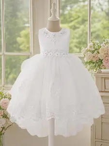 Flower Embroidery Design Princess Dress, Elegant Floral Chiffon Round Neck Dress for Girls, Fashionable Style Suitable for Young Girls, Tulle Overlay Dress, Ditsy Floral Dress