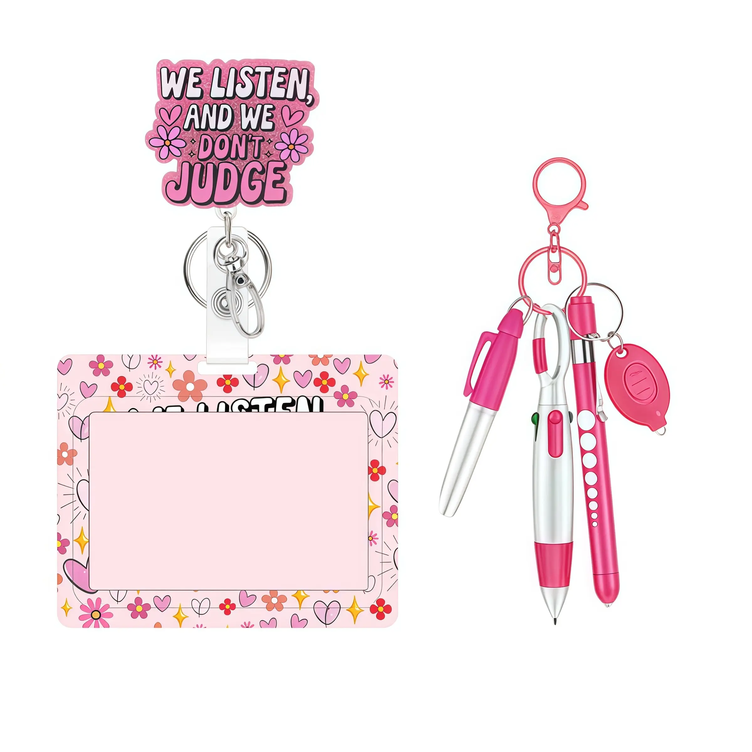 Cute Nurse ID Badge Holder Set with Pen Kit, Name Tag Clip & Lobster Clasp Design, 360° Rotating Stretch Clips for Nurses Volunteers Office Staff, Flower Pattern, Plastic Id Badge Holder, Id Holders for Badges