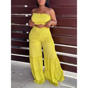 Women’s frilled trim shirred flare-leg pants set, boho crop tube top and high-waisted trousers for beach holiday vacations, ladies summer clothes