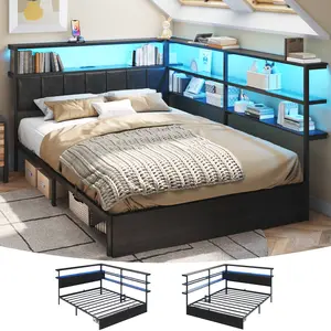 Modern Wooden Corner Bed Frame with Storage Bookcase, Charging Station, LED Light, Underbed Drawers, Space-Saving Organizer – Functional Sleep Solution for Kids' Bedrooms