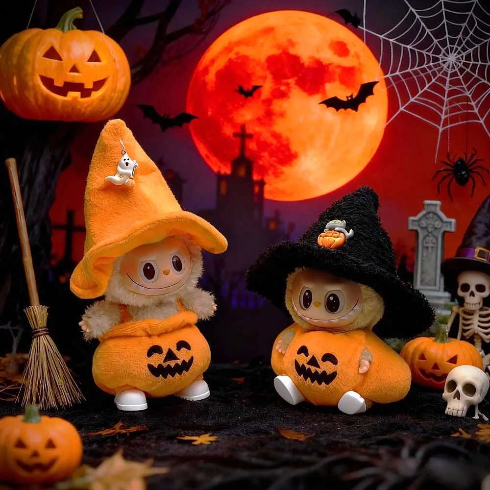 Labubu Halloween Costume 17cm Doll Clothes Set Pumpkin Dress & Hat for 6.7inch Labubu Dolls Festive Holiday Outfit Ideal for Halloween Christmas Gift Halloween Labubu Doll Party Set Play Friends festive decoration