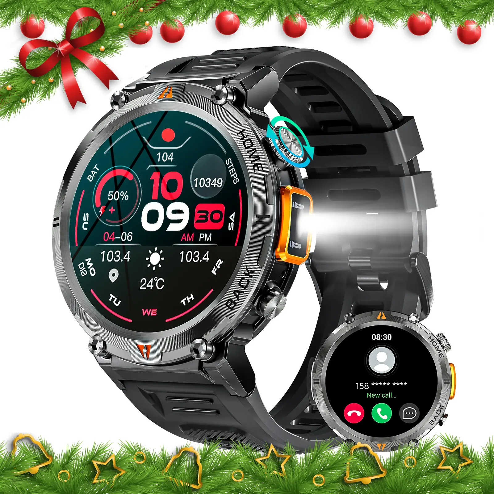 EIGIIS KE3 Multifunctional Wearable Smart Watch for Men - Stainless Steel, Black Silicone Strap (Black Button), Plastic Build, LED Flashlight, Wireless Call, 100+ Sports Modes, Android-Compatible Charging, Christmas Gift (Yes)