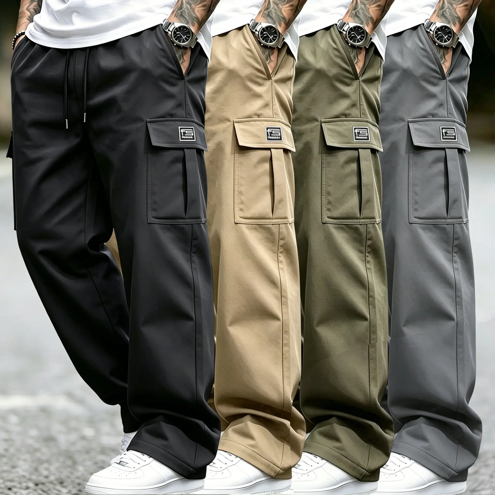 Men’s 4-pack wide-leg cargo pants with drawstring waist, multi-pocket design including side pockets; lightweight, loose straight cut; wrinkle-resistant, soft, breathable casual streetwear work pants; solid color, relaxed fit long pants suitable for daily