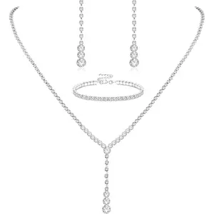 Milacolato Women's Crystal Jewelry Set - Teardrop Dangle Earrings for Women, Rhinestone Inset Necklace with Chain Link, Adjustable Length Metal Coating Bracelet for Bride Wedding Party