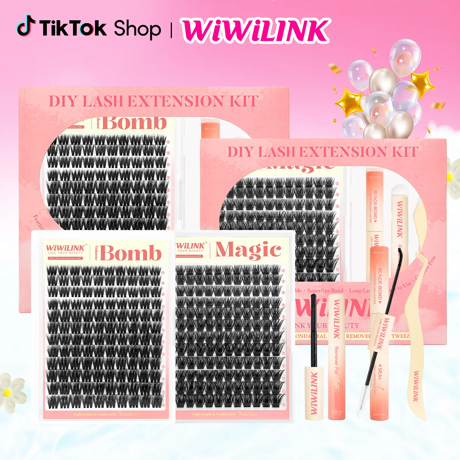 WiWiLINK Volume Bomb Magic 3D  Universal Lash Kit – Cluster Lashes in C/D Curl, DIY Lash Extension Set with Clusters (10-18mm, Includes Bond, Seal, and Remover) – Ultra-Thin Transparent Bands,back to school