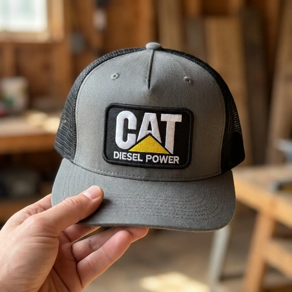 Diesel Power Trucker Hat Grey and Black Mesh Back Snapback Hat Caterpillar Construction Logo Patch Cap Adjustable Outdoor Work Hat Heavy Equipment Fan Gear Gift for Truckers and Mechanics High Crown Flat Brim Industrial Style Hat