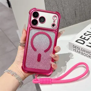 Luxury Wrist Strap Glitter Lanyard Phone Case For iPhone 17 Air 16 15 14 13 Pro Max For Magsafe Wireless Charging Armor Cover