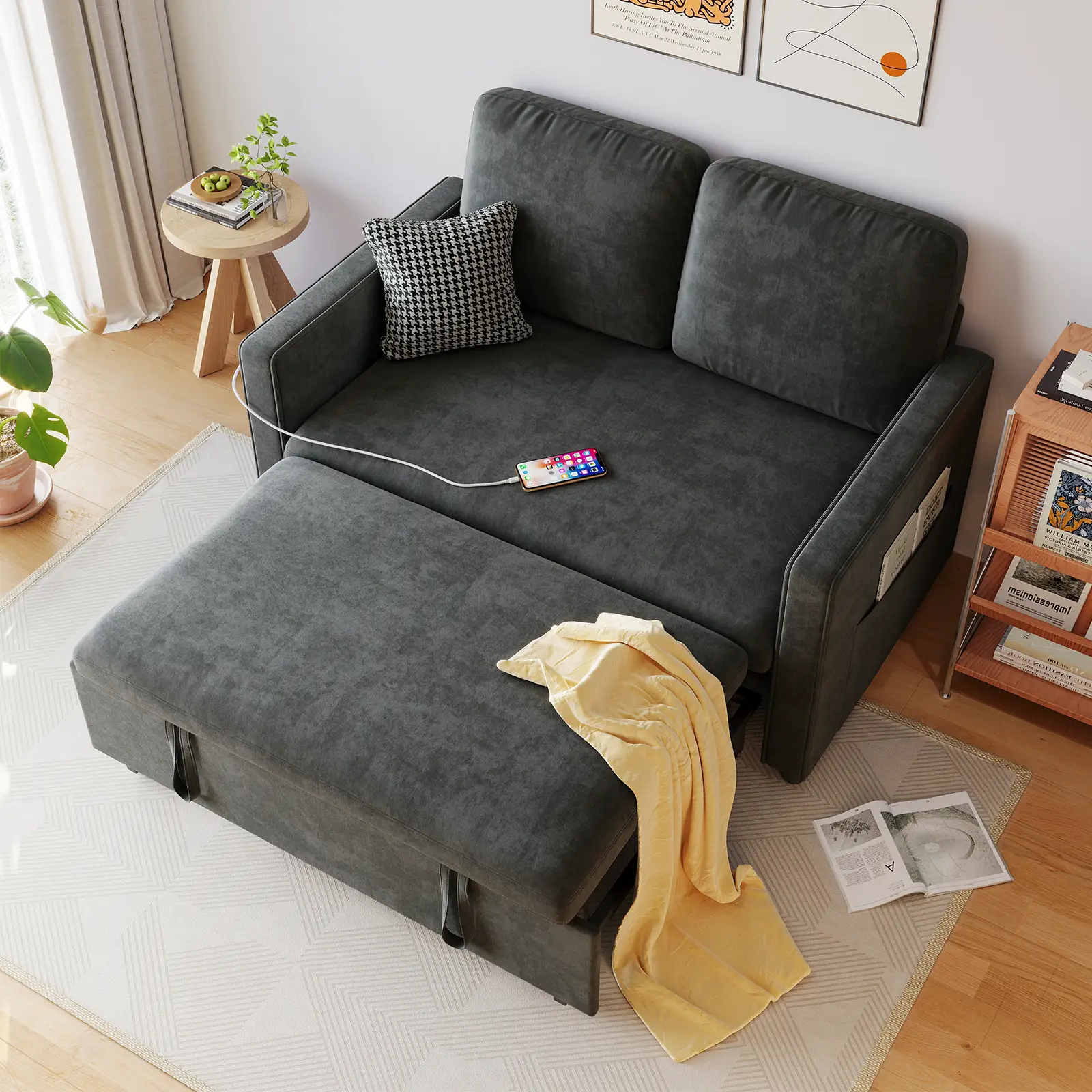 【LaborDaySale】ONBRILL 54" Convertible Sleeper Sofa Bed, Chenille 3-in-1 Pull-Out Sofa Bed with Adjustable Backrest, Loveseat Futon Couch w/Dual Chargi