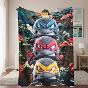 Cartoon Ninja Turtles Flannel Blanket， Grumpy Turtle Portrait Print， UltraSoft Cozy， Lightweight Warmth， Perfect for Sofa， Bed， Travel， Living Room， Unique Gift Idea for Cartoon Fans， Snuggling， Relaxation， and Movie Nights.