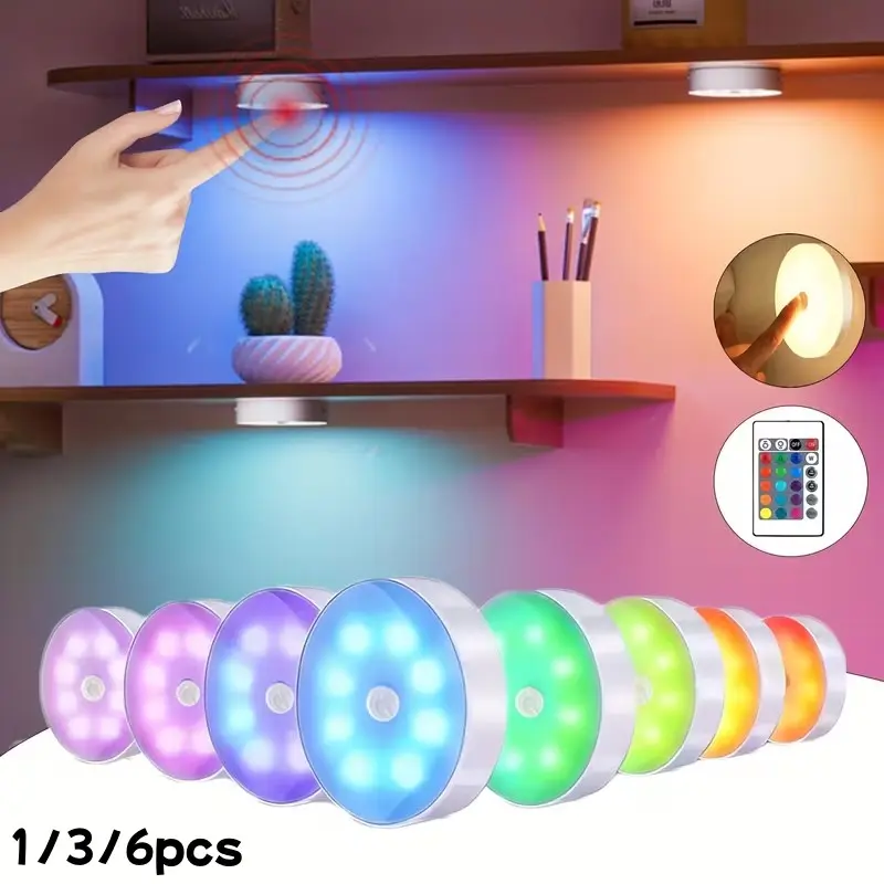 1/3/6 Piece Rechargeable Magnetic RGB LED Night Light, Motion Sensor Lamp, 12 Colors, IR Remote Control, Breath Mode, Ideal for Hallway, Stairs, Bedroom, Kitchen, Living Room Decor, Automatic Light Changing, Led Rgb Lights