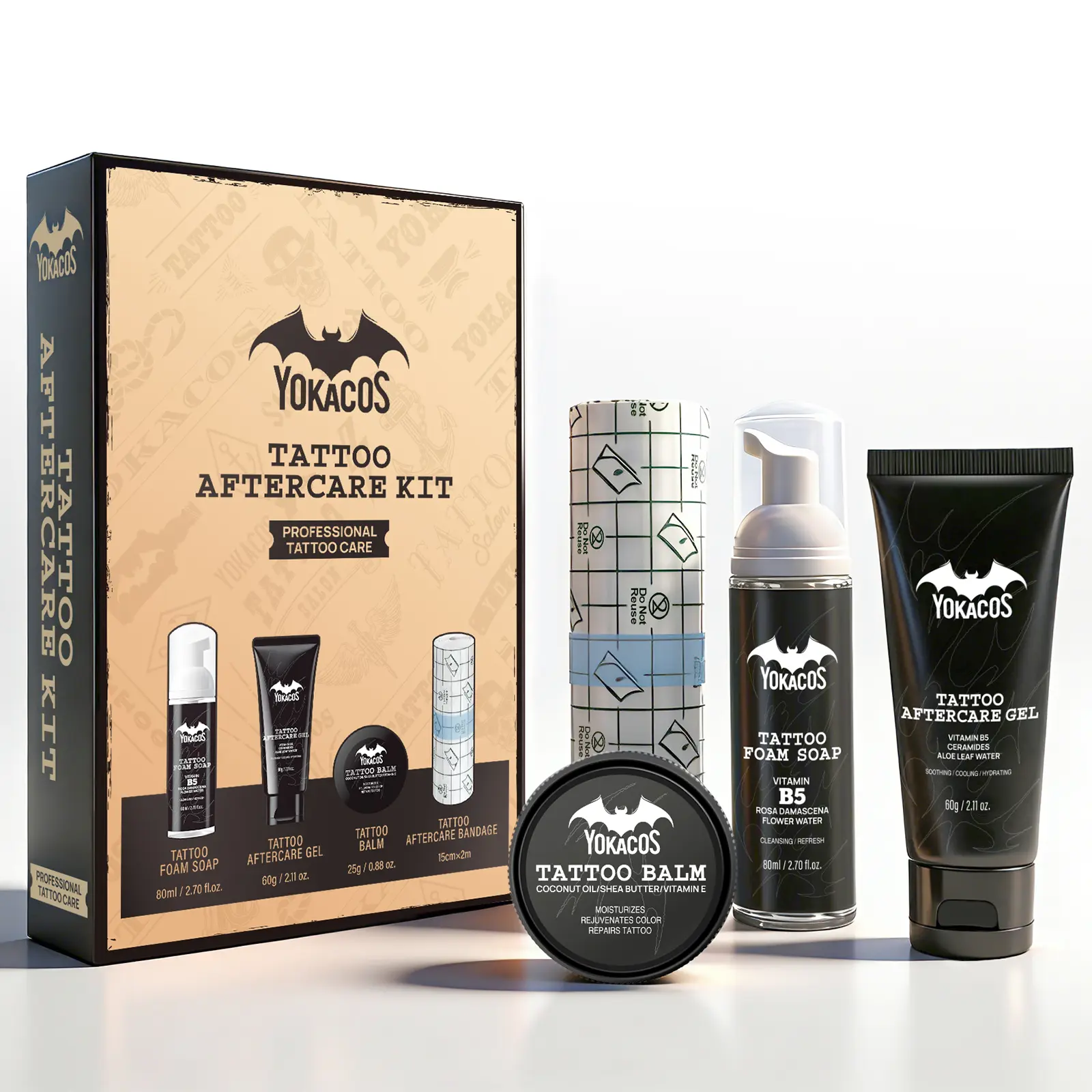 Tattoo Aftercare Kit 4-Piece Set - Tattoo Balm, Soothing Gel, Cleansing Foam & Tattoo Wrap, All Stages Care with Natural Ingredients, Recommended by Tattoo Artists for New Old Ink