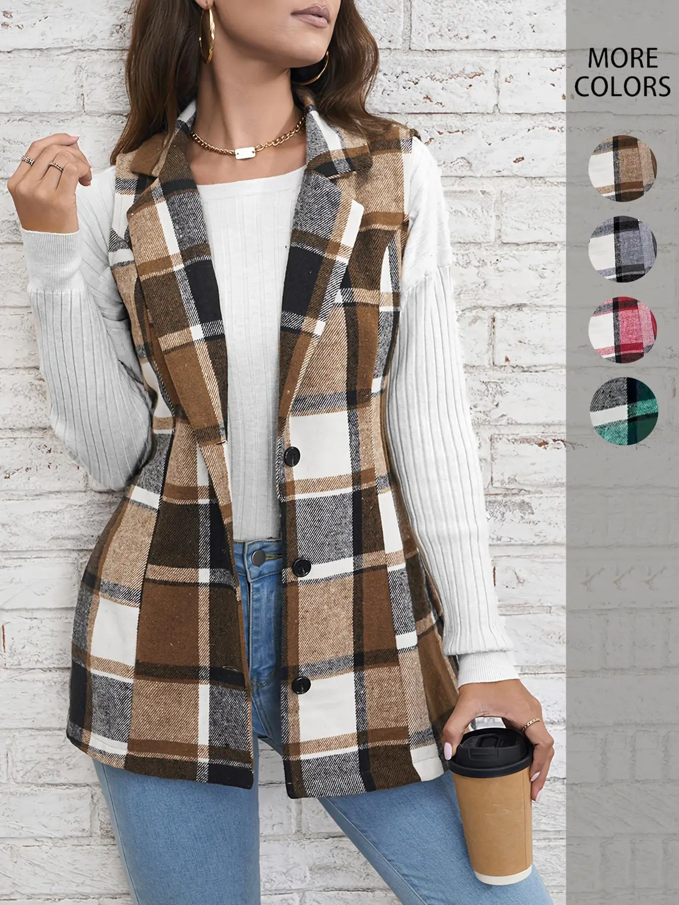 Women's Plaid Print Button Front Vest Coat, Elegant Womenswear Lapel Neck Sleeveless Outerwear, Comfortable Graphic Jackets, Lady Casual Wear Outfit,
