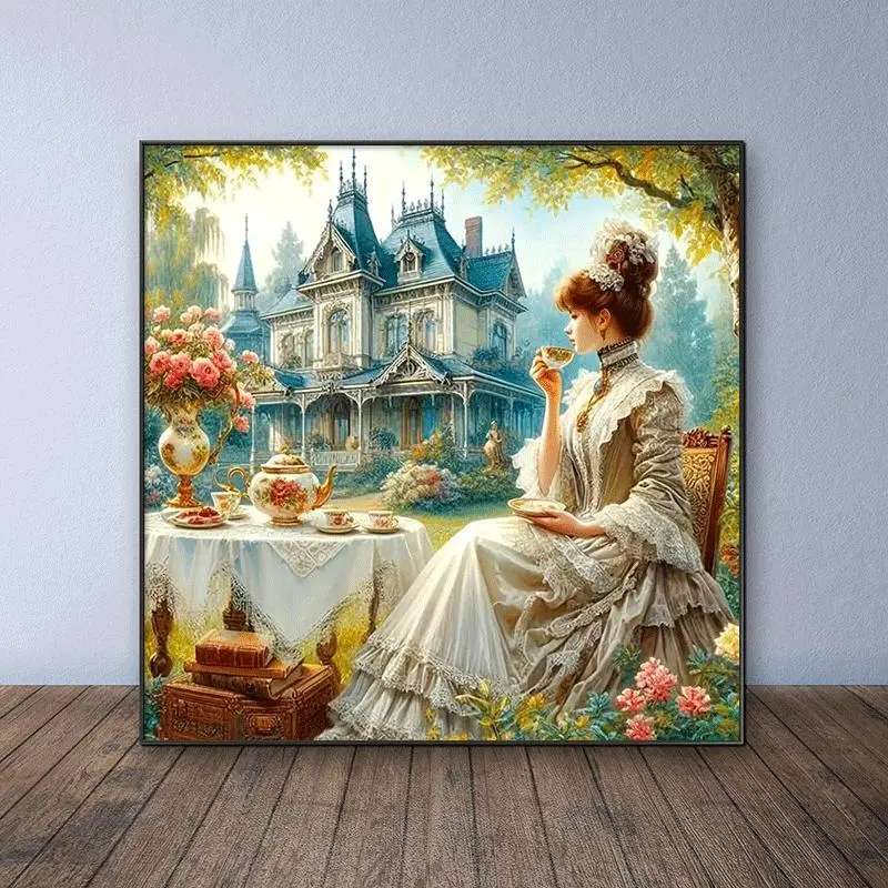 Vintage Afternoon Tea Time in The Manor Garden Scene Pattern Diamond Arts Colorful Painting Kit without Frame, DIY Decorative Art Picture for Beginner Diamond Painting Kits