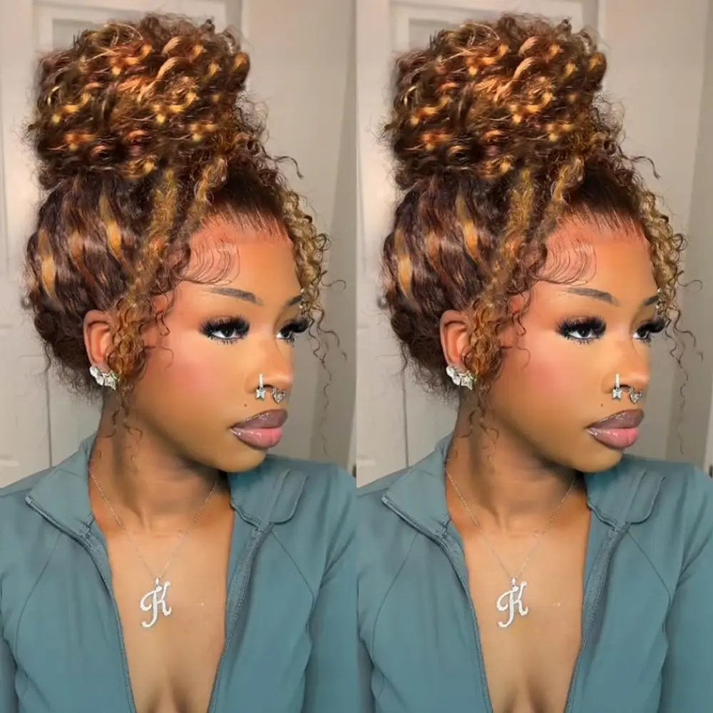 Hidden Strap Deep Wave 360 Lace Front Wigs Human Hair Pre Plucked Highlight Ombre full lace Deep Curly Honey Blonde 4/27 Human Hair Wig with invisible drawstring Ombre 360 Glueless Wigs Human Hair 180 Density