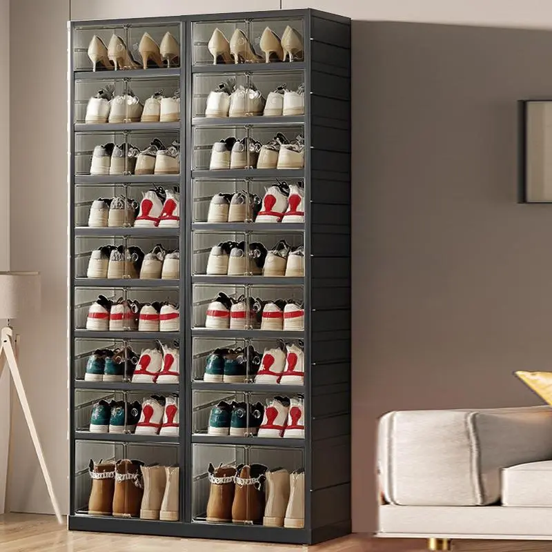 9-Tier Ultimate Foldable Shoe Rack Organizer: Closet Storage Solution for 18 Pairs. Plastic, Collapsible, Stackable Design. Clear, Compact Shoe Storage Boxes for Tight Spaces，Space-saving Home storage Back to school summerwins,dorm essentials,home decor