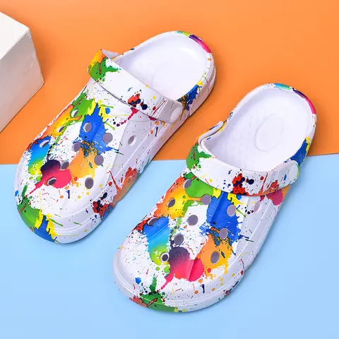 Women's Adjustable Strap Paint Splatter Platform Clogs - 3cm Invisible Height Increase EVA Waterproof Footwear Slides, Chic Casual All Seasons Beach Shoes, Garden Travel Footwear for Women