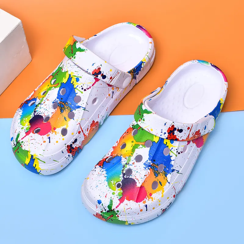 Women's Adjustable Strap Paint Splatter Platform Clogs - 3cm Invisible Height Increase EVA Waterproof Footwear Slides, Chic Casual All Seasons Beach Shoes, Garden Travel Footwear for Women