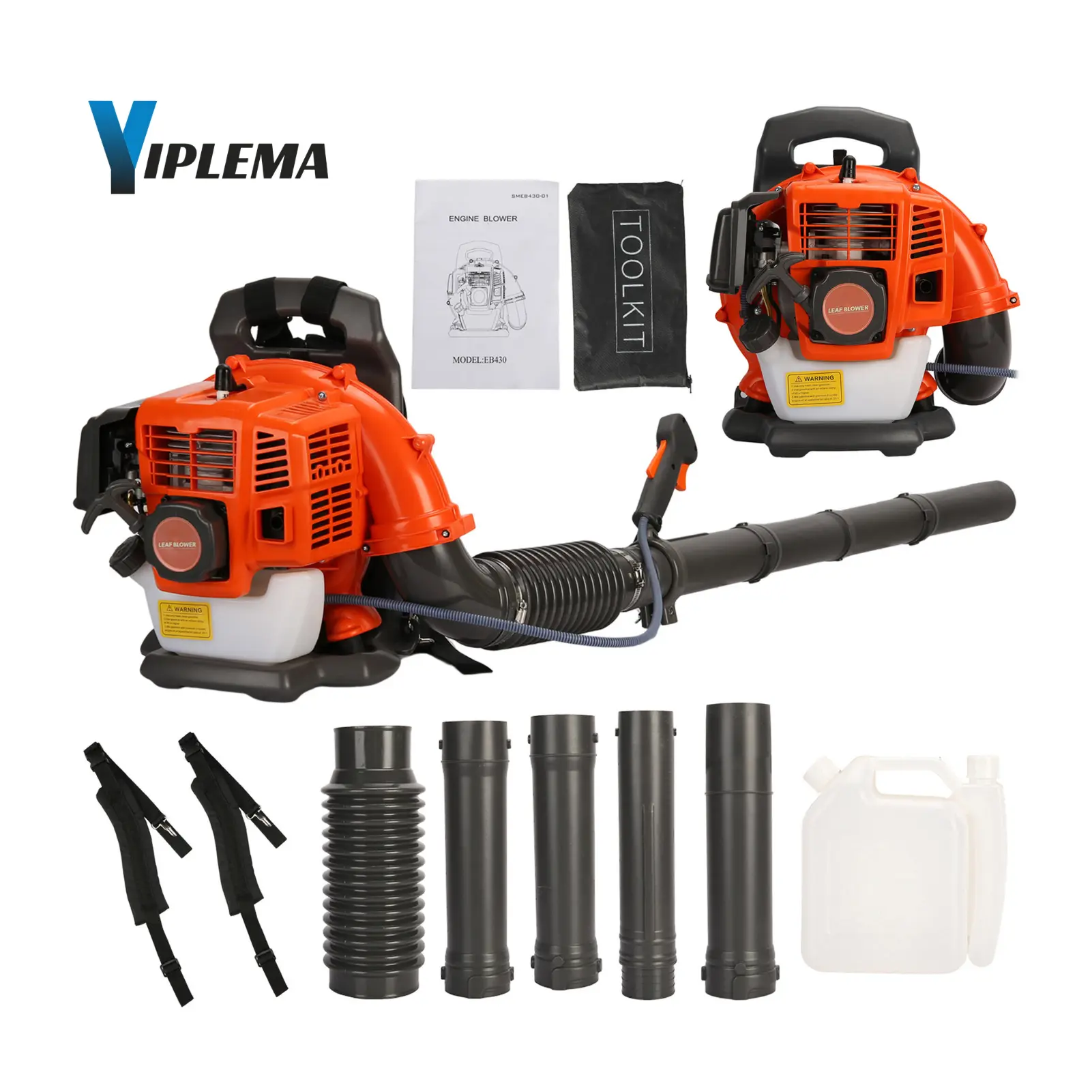 【Summerfinds】YIPLEMA 52CC 1.7-HP 2-Cycle Backpack Gas Leaf Blower, 550-CFM 230-MPH Powerful Garden Tool, 17.4 lbs with 2 Straps, 5 Connecting Tubes, Ergo Handle, 1 Installation Tool Bag, 1 User Manual & Accessories Set, Ideal for Outdoor Users, Dad Gift