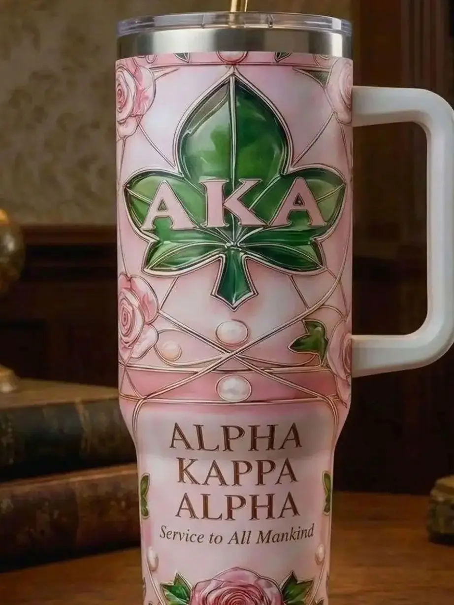 Alpha Kappa Alpha Tumbler with Handle – AKA Sorority Luxury Mug, Pink & Green Stainless Steel Cup, Perfect AKA Gift